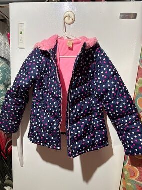 Faded Glory Navy Puffer Jacket with Pink and White Polka Dots